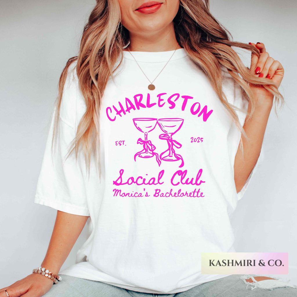 Personalized Bachelorette Social Club Shirt Custom Location Bach Party Tees Bridesmaids Beach Preppy Tshirt Luxury Bridal Party Bridal Gifts
