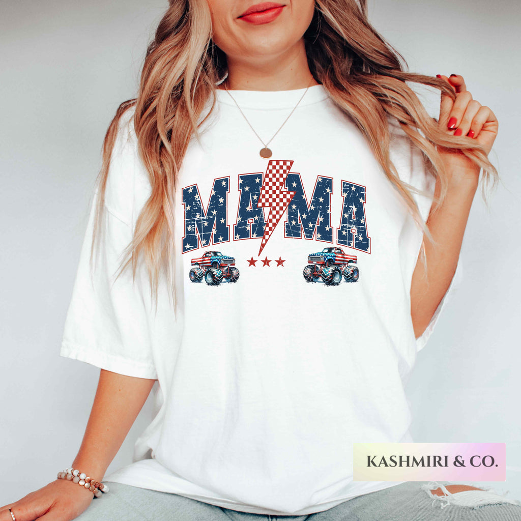 Patriotic Monster Truck Mom Shirt Pit Crew Mama American Flag Boy Birthday Party Tee New Mom Baby Shower Gift Monster Truck Mom TShirt