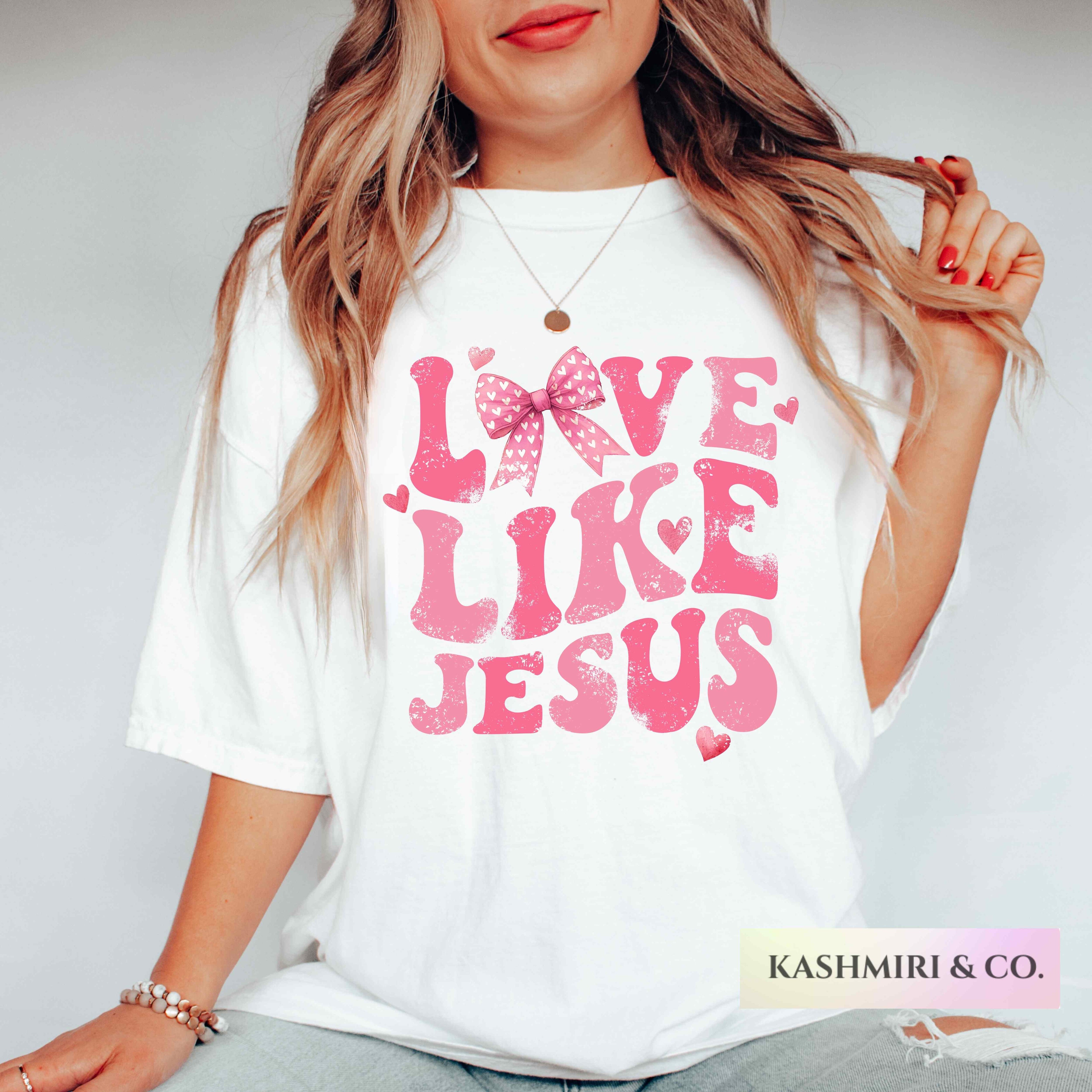 Coquette Christian Pink Bows Love Like Jesus Religious Shirt Bible Verse TShirt Coquette Catholic Gifts Bible Study Faith Be Like Jesus