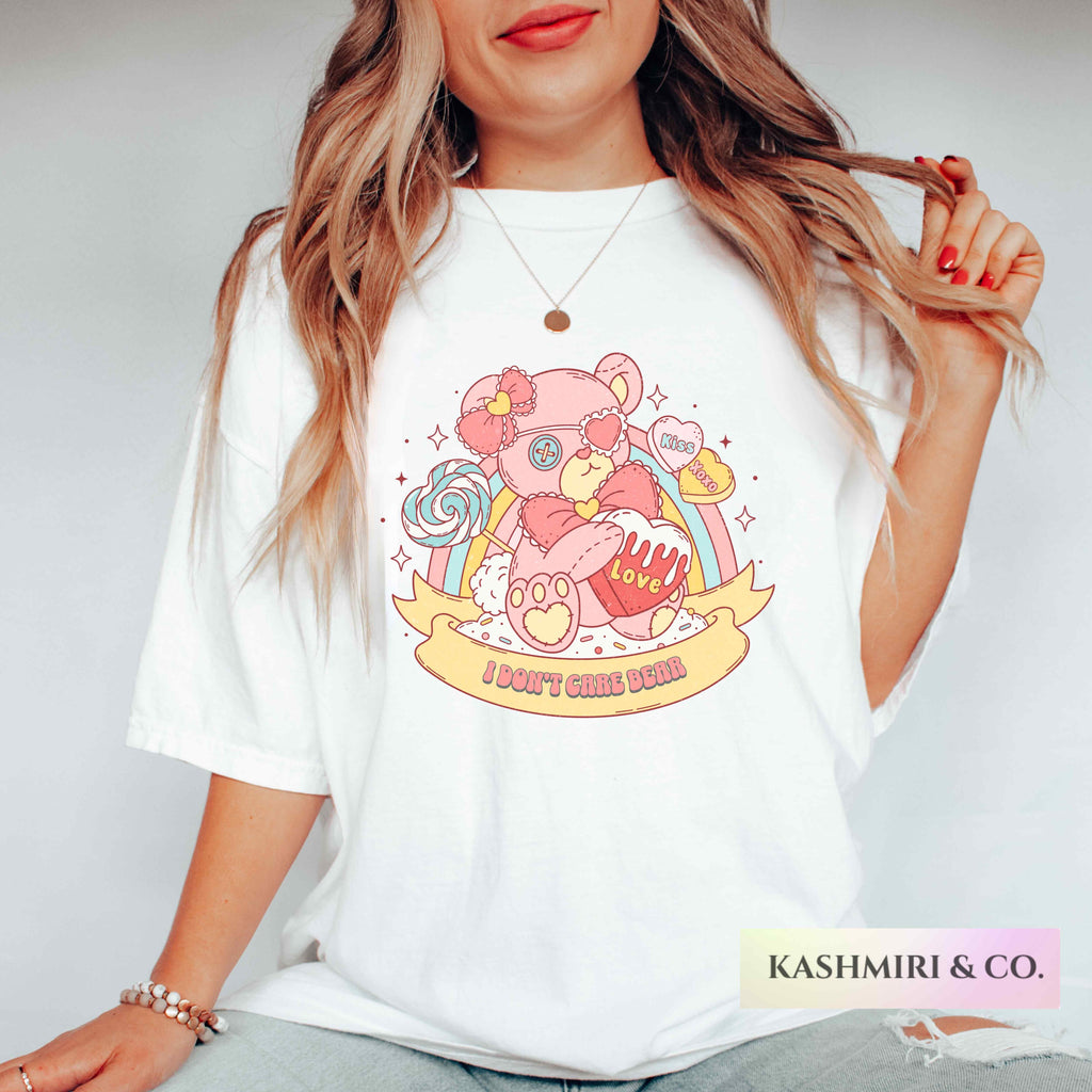 Funny Valentine's Day Bear Nostalgia I Don't Care Bear Shirt, Conversation Hearts, Sarcastic Cute Love TShirt, Girlfriend Gift 80s Retro Tee