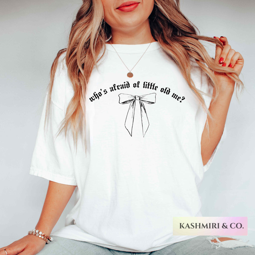 Coquette Girly Bow Who's Afraid of Little Old Me Tee, Women's Comfort Colors Gift Of Little Old Me, Girly Era, Break Up Music Lover Funny  