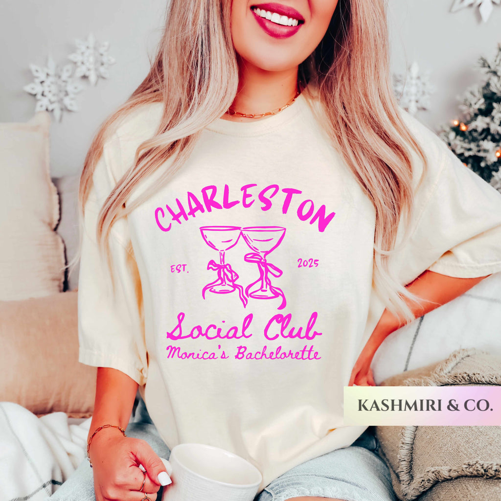 Personalized Bachelorette Social Club Shirt Custom Location Bach Party Tees Bridesmaids Beach Preppy Tshirt Luxury Bridal Party Bridal Gifts
