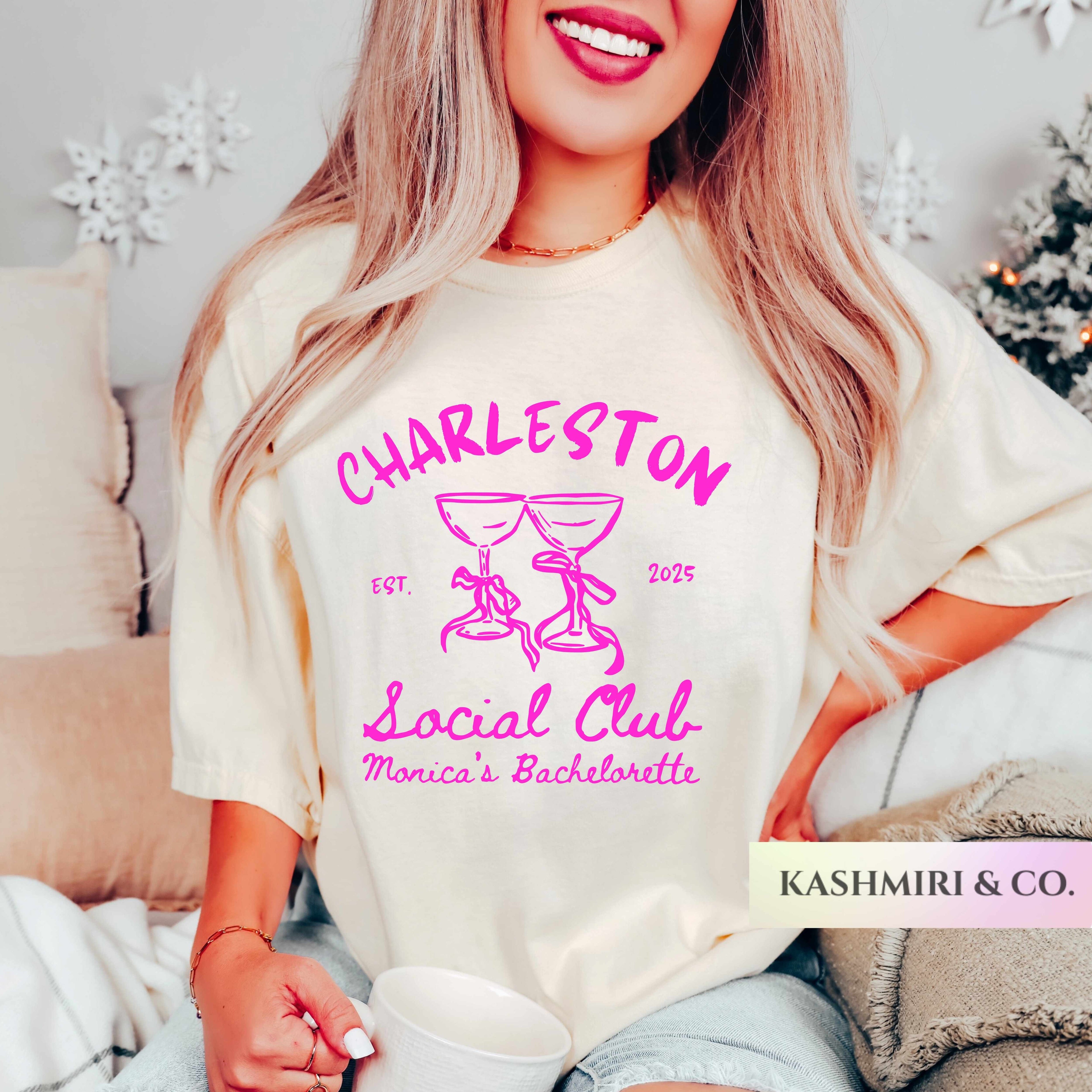 Personalized Bachelorette Social Club Shirt Custom Location Bach Party Tees Bridesmaids Beach Preppy Tshirt Luxury Bridal Party Bridal Gifts
