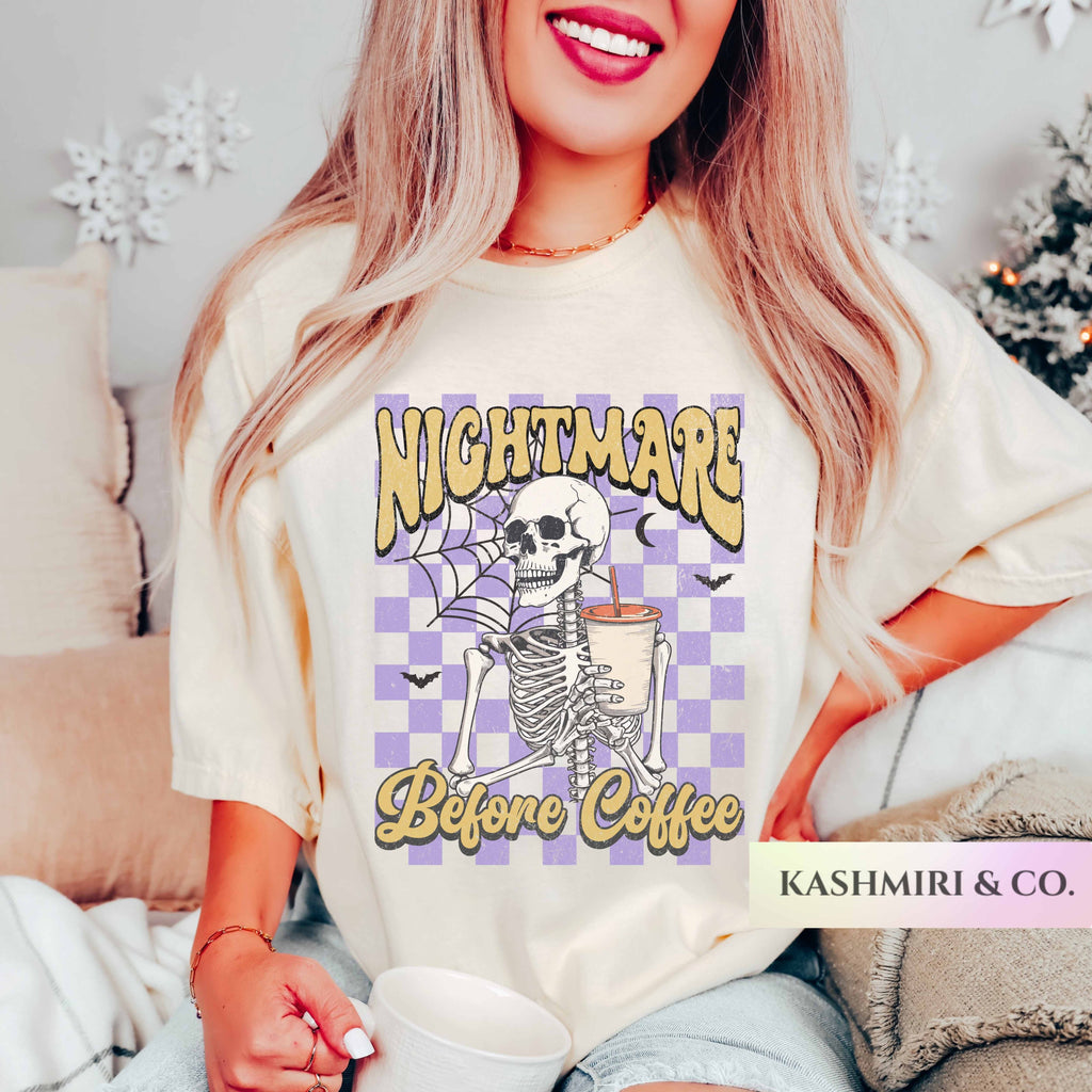 Nightmare Before Coffee Halloween Funny T-shirt | Skeleton Coffee Lover Graphic Checkerboard Design
