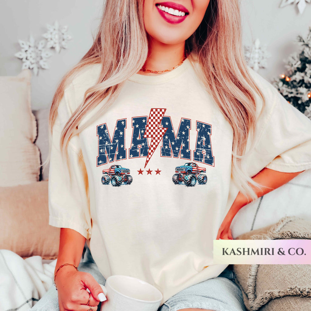 Patriotic Monster Truck Mom Shirt Pit Crew Mama American Flag Boy Birthday Party Tee New Mom Baby Shower Gift Monster Truck Mom TShirt