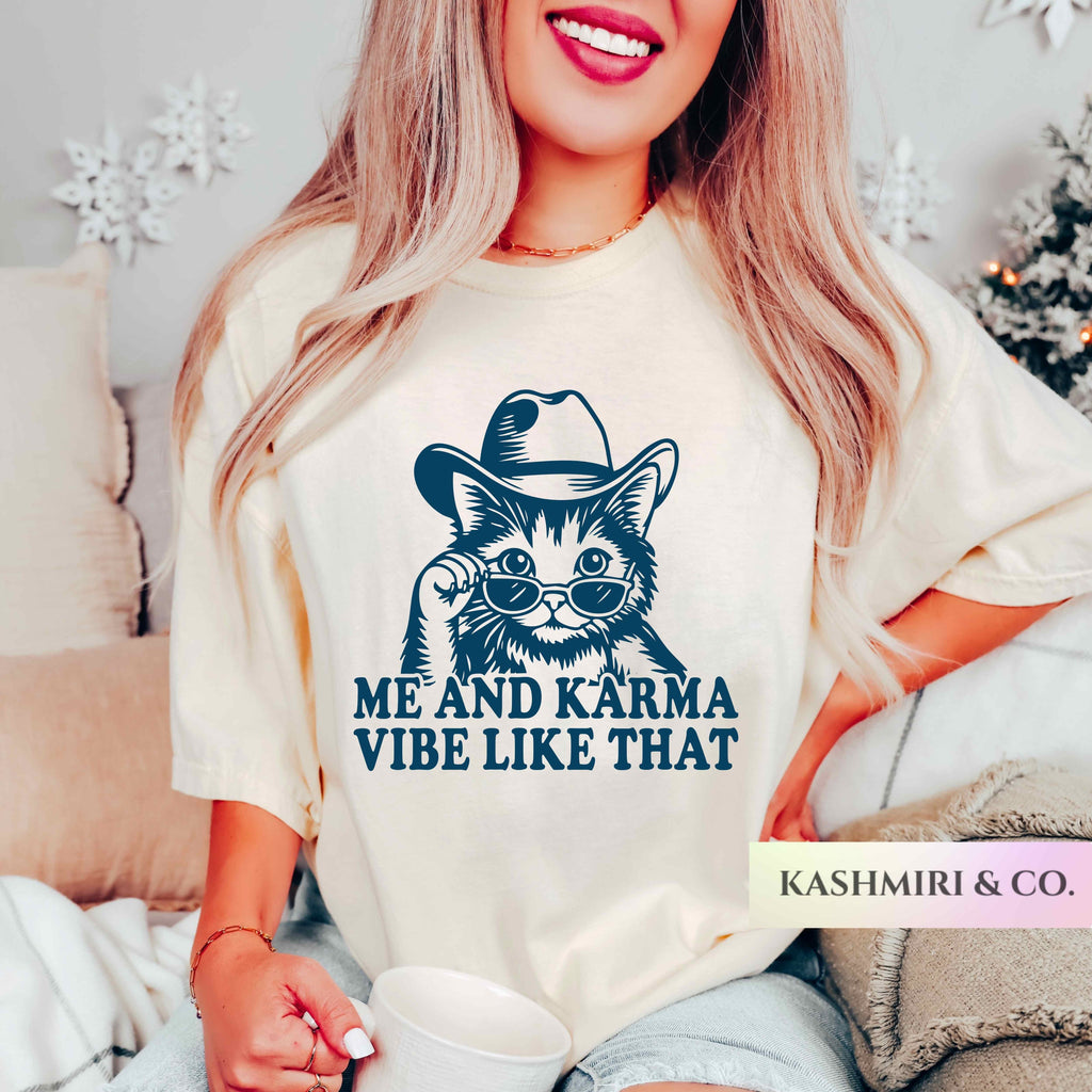 Karma Is A Cat Shirt, Me And Karma Vibe Like That Comfort Colors Lyric Merch Midnights Country Rodeo Cowgirl Tee, Concert Cat Mama Mom