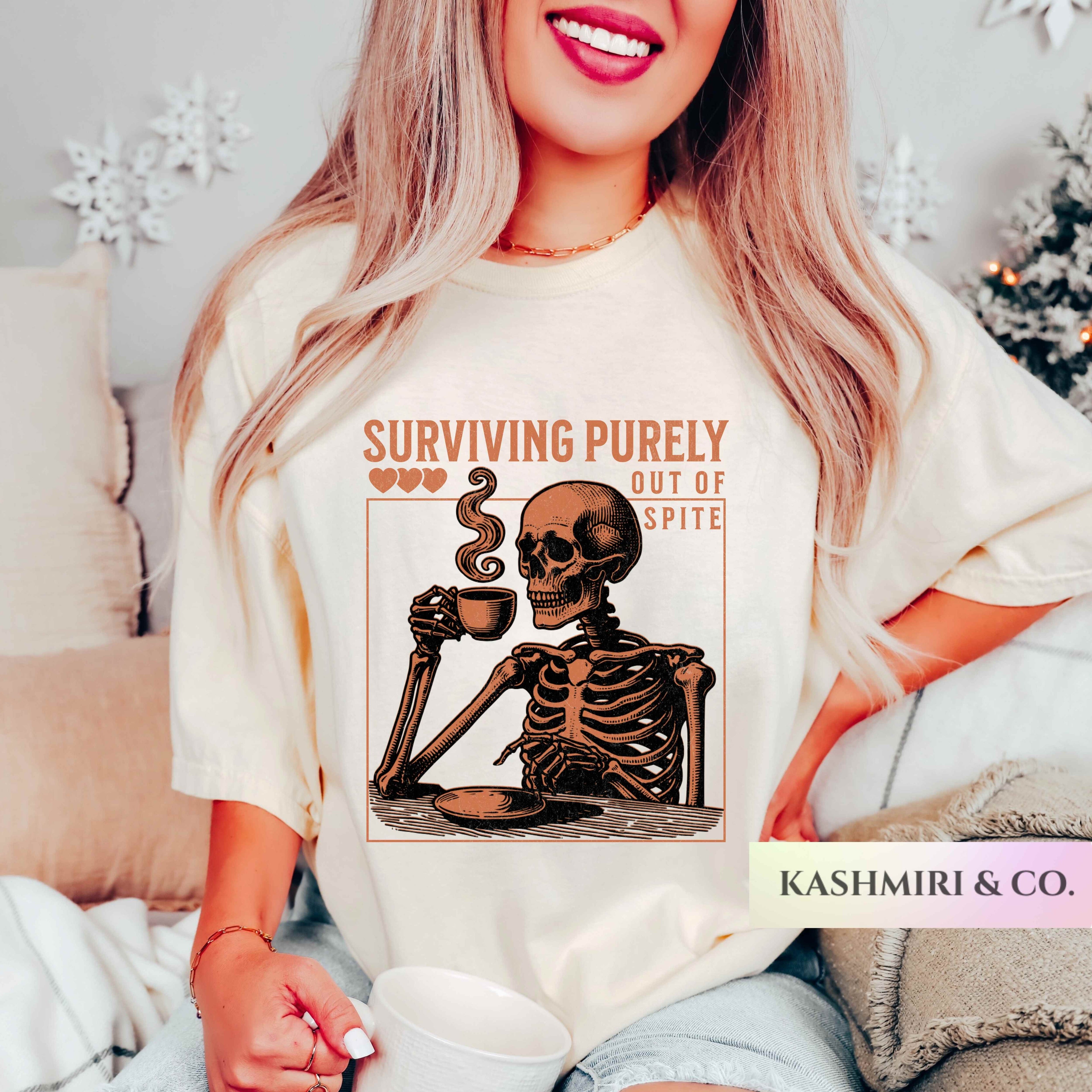 Funny Surviving Purely out of Spite Comfort Colors Shirt, Staying Alive Skeleton Coffee Lover Tee, Halloween Gothic Boho Skull T-Shirt Fall