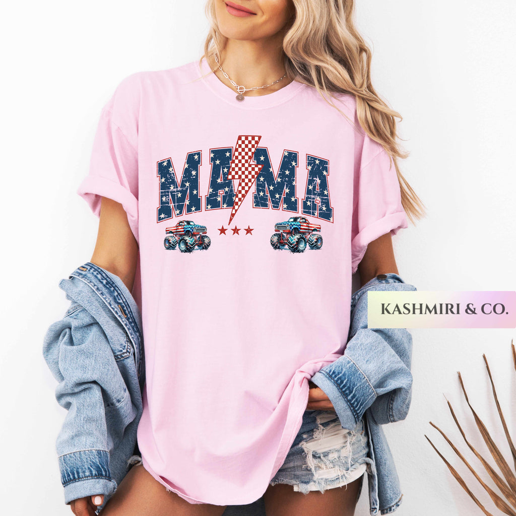 Patriotic Monster Truck Mom Shirt Pit Crew Mama American Flag Boy Birthday Party Tee New Mom Baby Shower Gift Monster Truck Mom TShirt