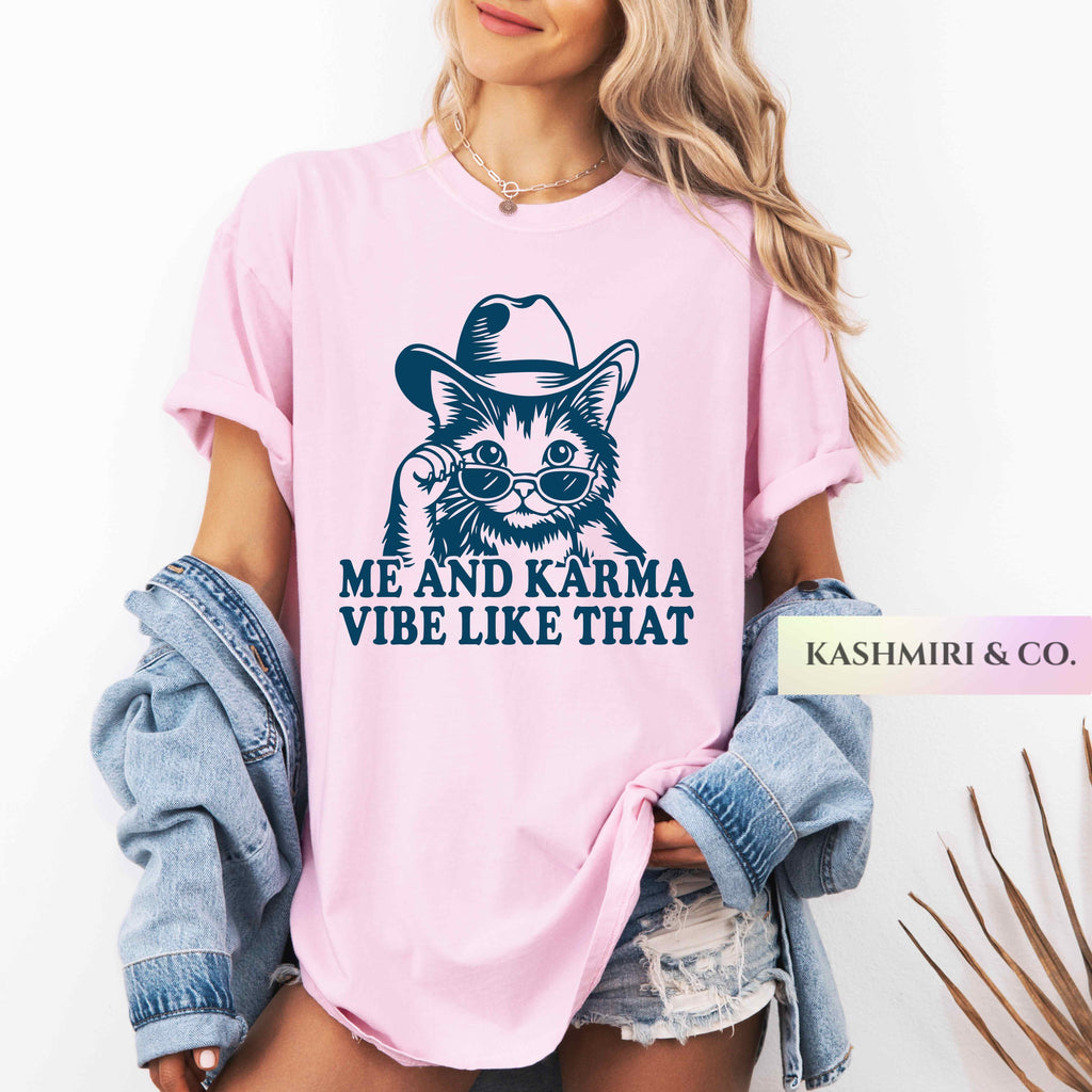 Karma Is A Cat Shirt, Me And Karma Vibe Like That Comfort Colors Lyric Merch Midnights Country Rodeo Cowgirl Tee, Concert Cat Mama Mom