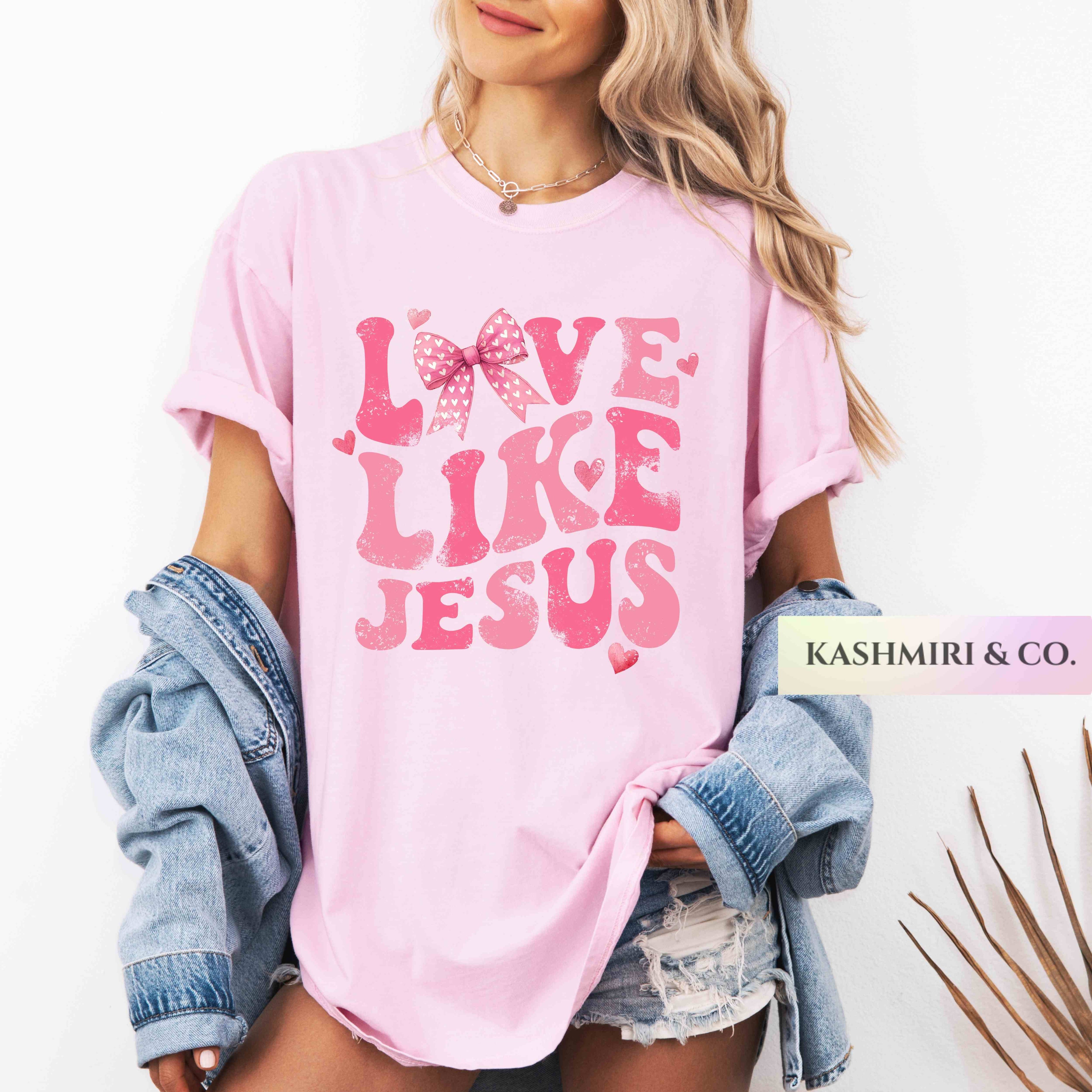 Coquette Christian Pink Bows Love Like Jesus Religious Shirt Bible Verse TShirt Coquette Catholic Gifts Bible Study Faith Be Like Jesus