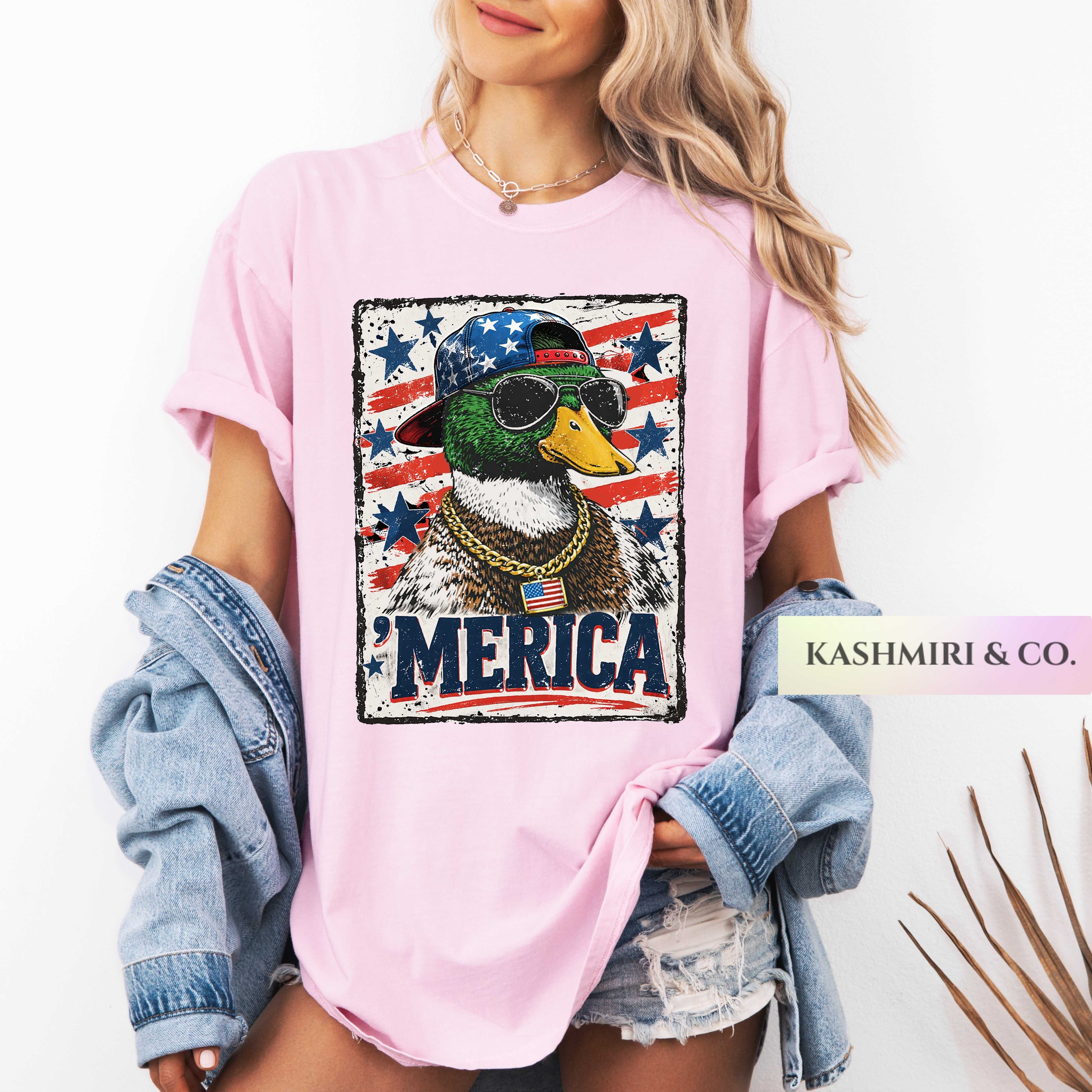 Merica Duck Shirt, Funny Patriotic Mallard Tee, Retro USA Flag T-Shirt, Fourth Of July Gift, Sarcastic Hunter T-Shirts