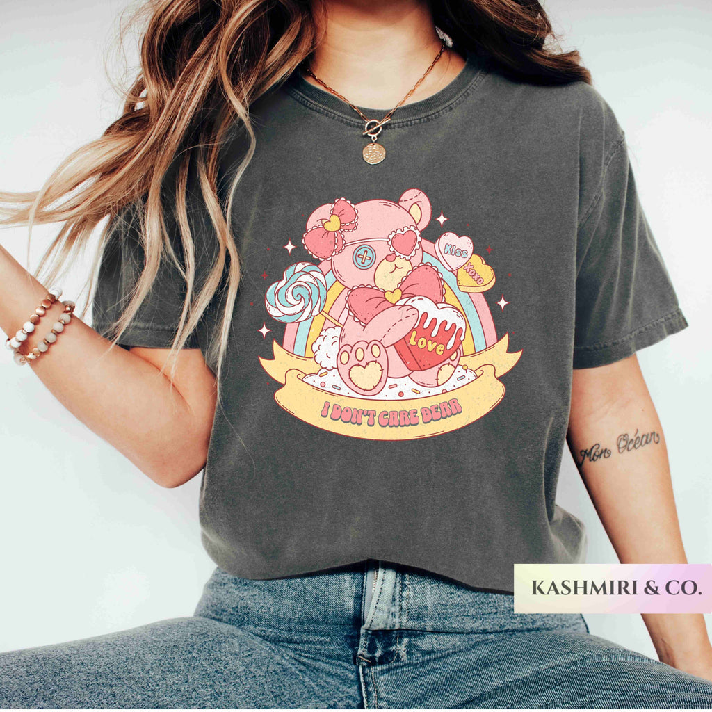 Funny Valentine's Day Bear Nostalgia I Don't Care Bear Shirt, Conversation Hearts, Sarcastic Cute Love TShirt, Girlfriend Gift 80s Retro Tee