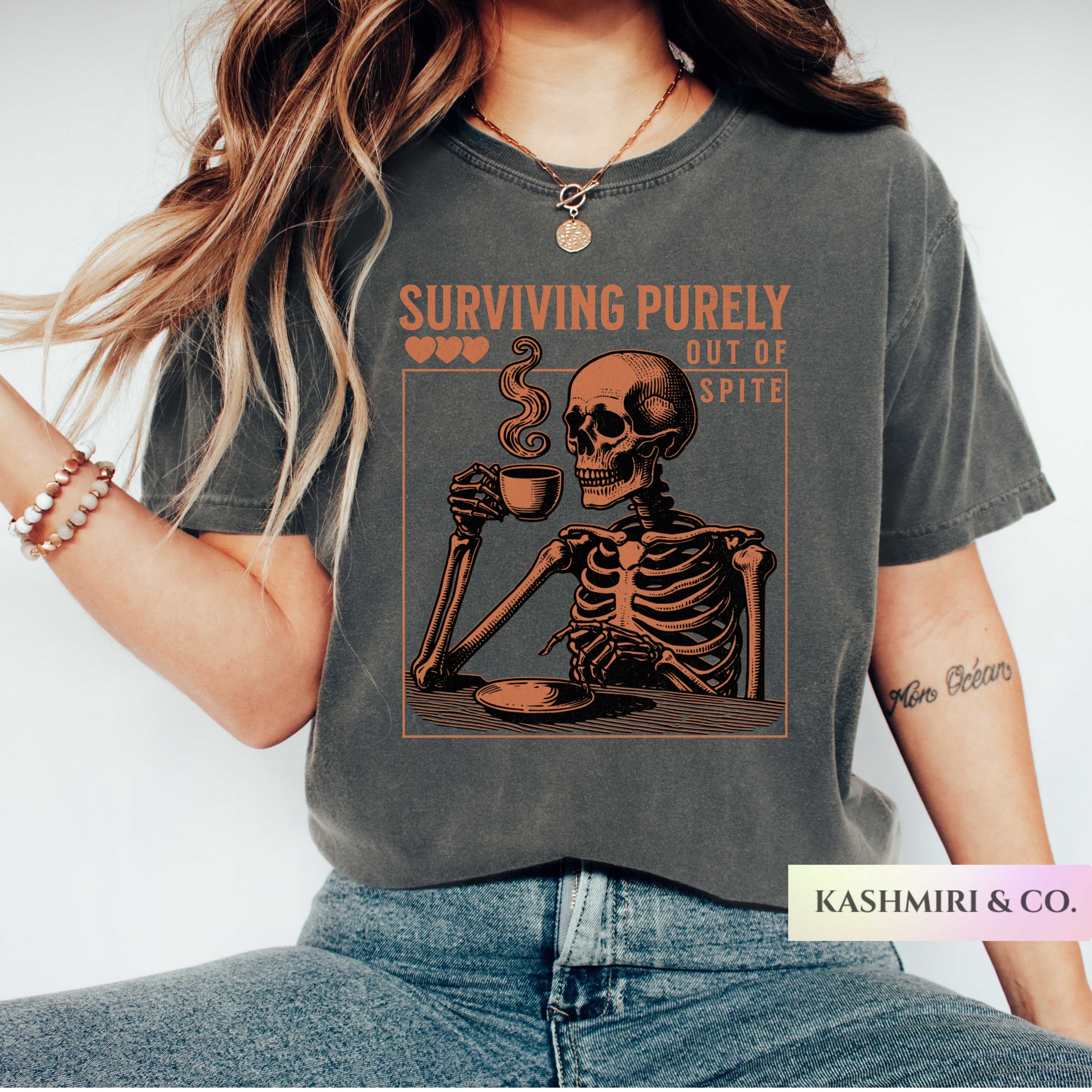 Funny Surviving Purely out of Spite Comfort Colors Shirt, Staying Alive Skeleton Coffee Lover Tee, Halloween Gothic Boho Skull T-Shirt Fall
